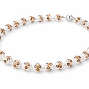 Yellow Flower Ceramic Beaded Knotted Necklace in Silvertone 20 Inches